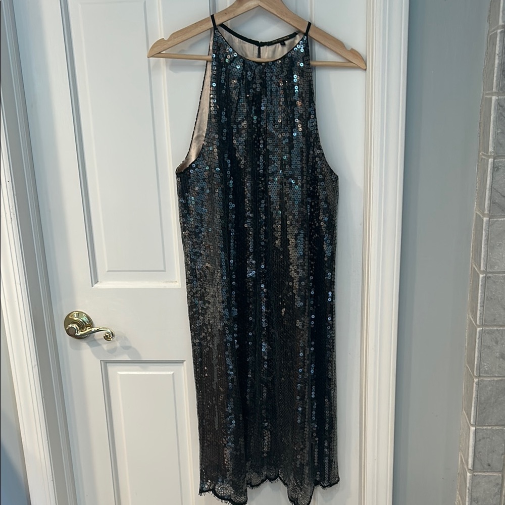 Kobi Halperin Black and Silver sequined Lace Sheath Dress with lace detail